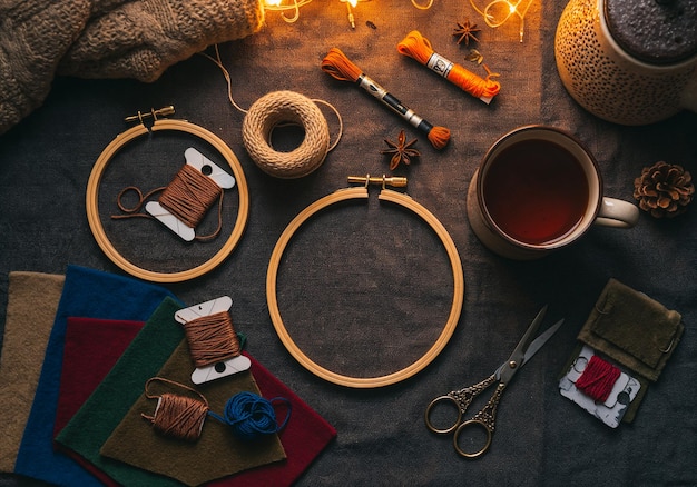 Kolekcja kolorowych nici i tamborków