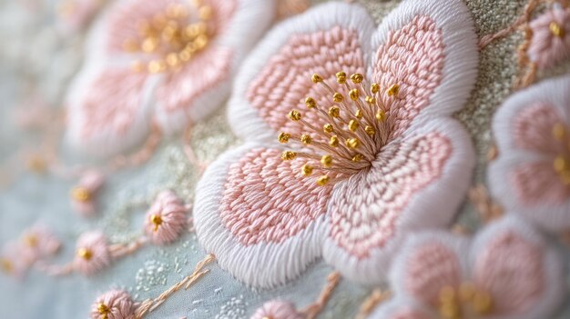 Zbliżenie haftu z delikatnymi kwiatami